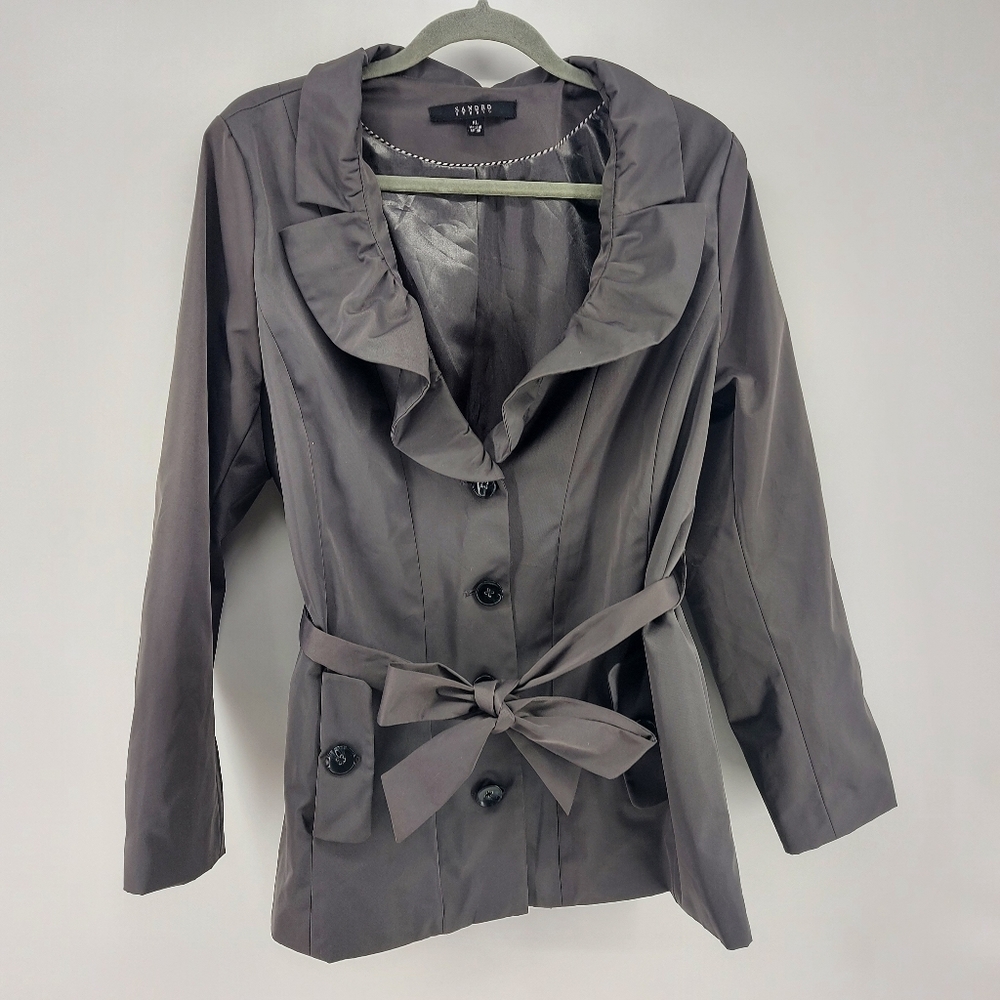 Sandro Studio Short Ruffle Neck Belted Trench Coat XL Charcoal Grey